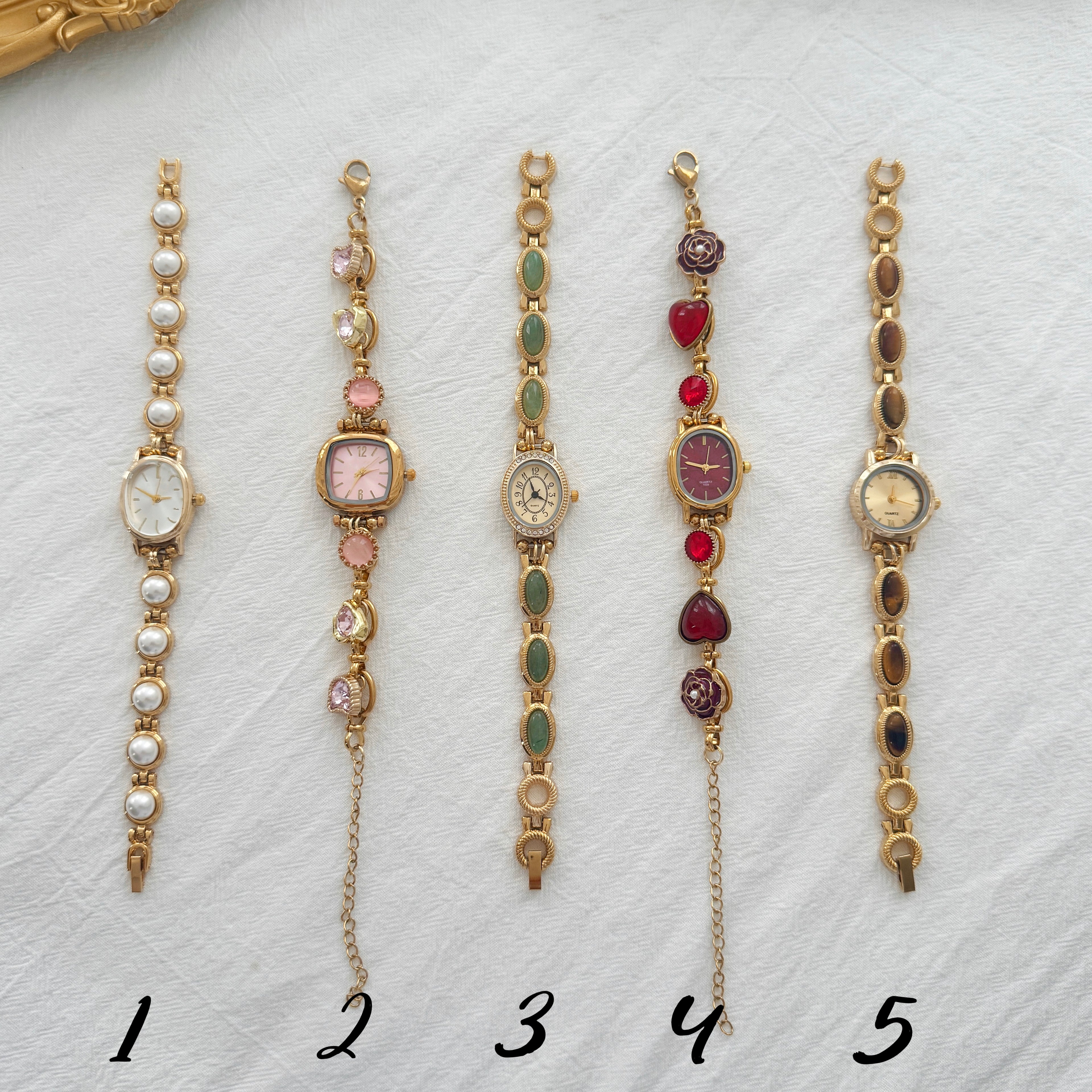 Personalized Vintage Gold Watch Bracelet,Custom Natural Stone Watch,Handmade Pearl Womens Wristwatch,Unique Gift for Her
