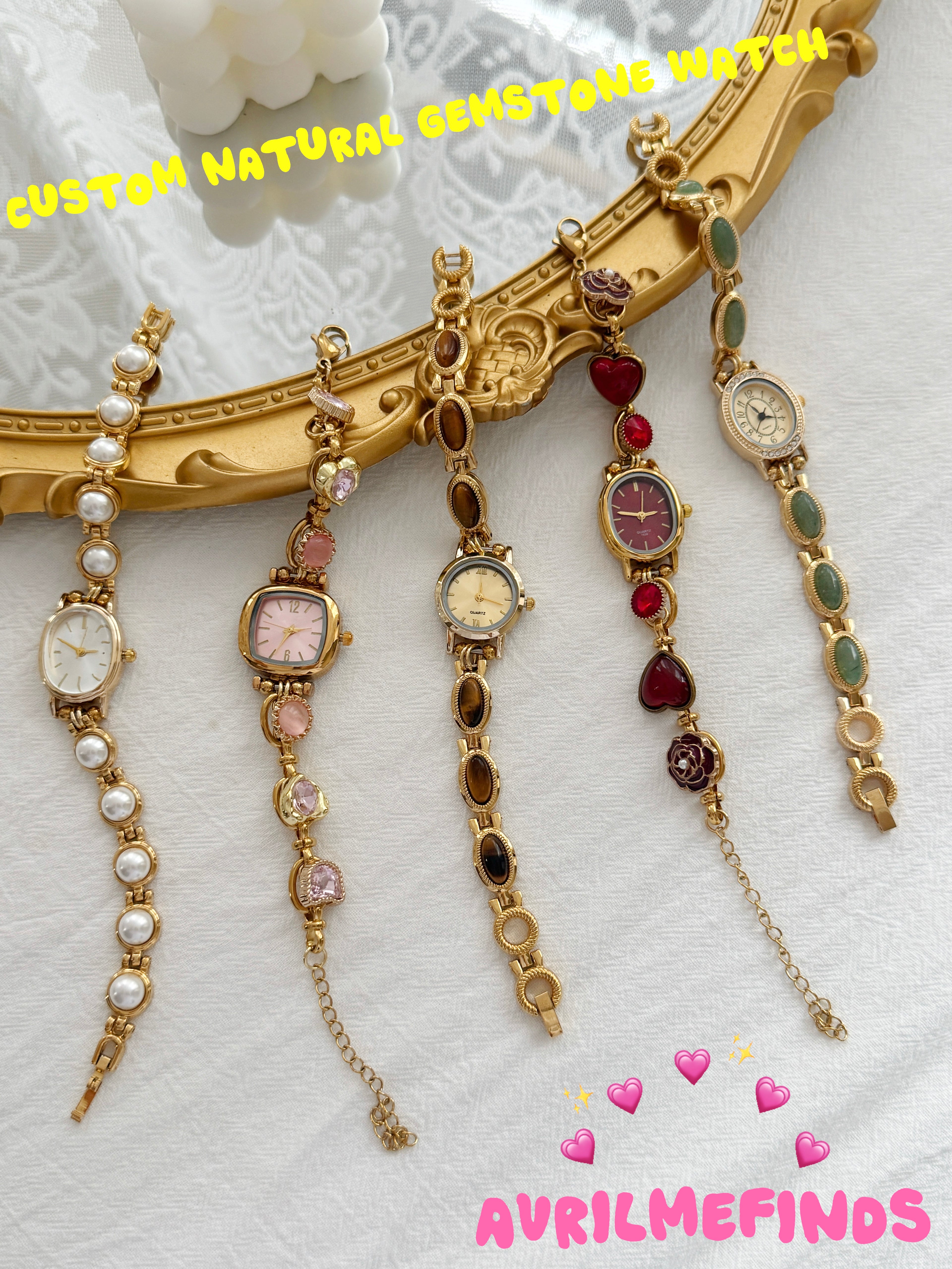 Personalized Vintage Gold Watch Bracelet,Custom Natural Stone Watch,Handmade Pearl Womens Wristwatch,Unique Gift for Her