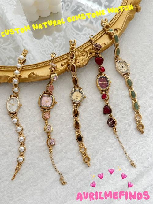 Personalized Vintage Gold Watch Bracelet,Custom Natural Stone Watch,Handmade Pearl Womens Wristwatch,Unique Gift for Her